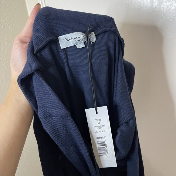 NEW! Michael Stars Opaline Ultra Rib Ruched Midi Dress Admiral navy blue Medium - Picture 6 of 8